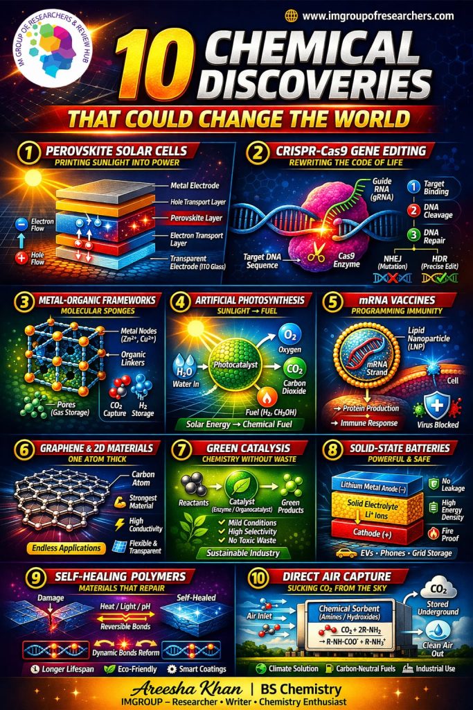 Advanced chemistry innovations showing nanotechnology, smart materials, and future scientific discoveries shaping medicine and energy
