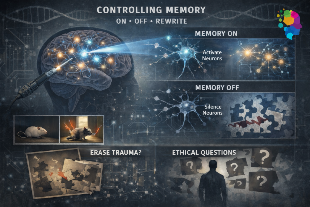 memory editing in the brain, neuroscience research, brain neural pathways, optogenetics concept, memory manipulation