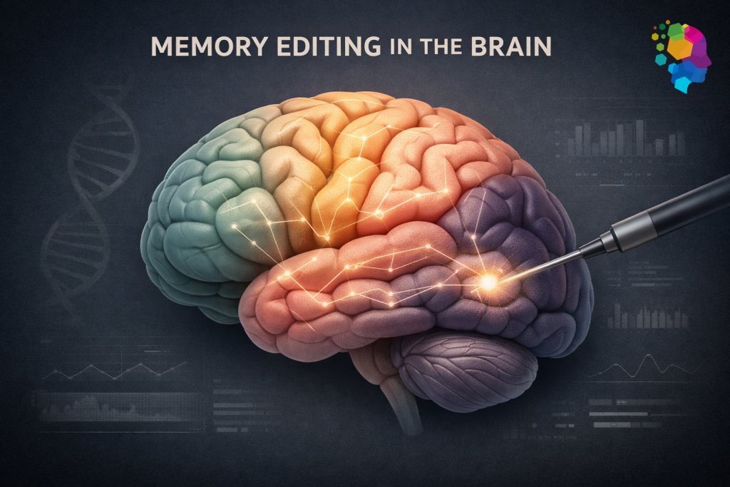 Memory editing in the brain concept showing a digital human brain with neural pathways and a scientific interface illustrating neuroscience research on memory manipulation using optogenetics and neural control
