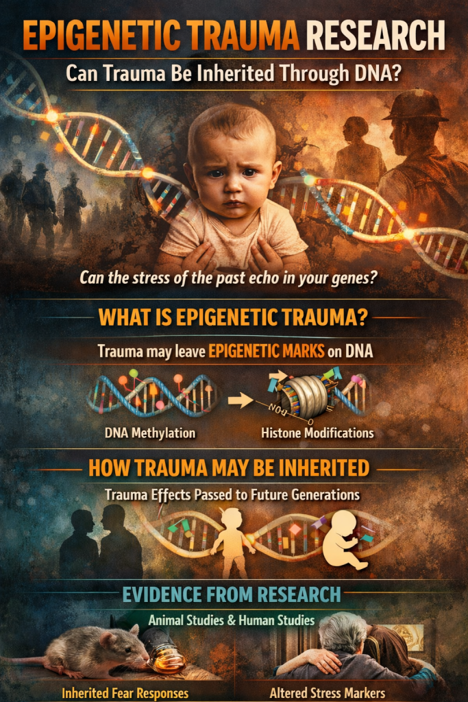 Epigenetic trauma concept showing how stress and war experiences may influence DNA and gene expression across generations