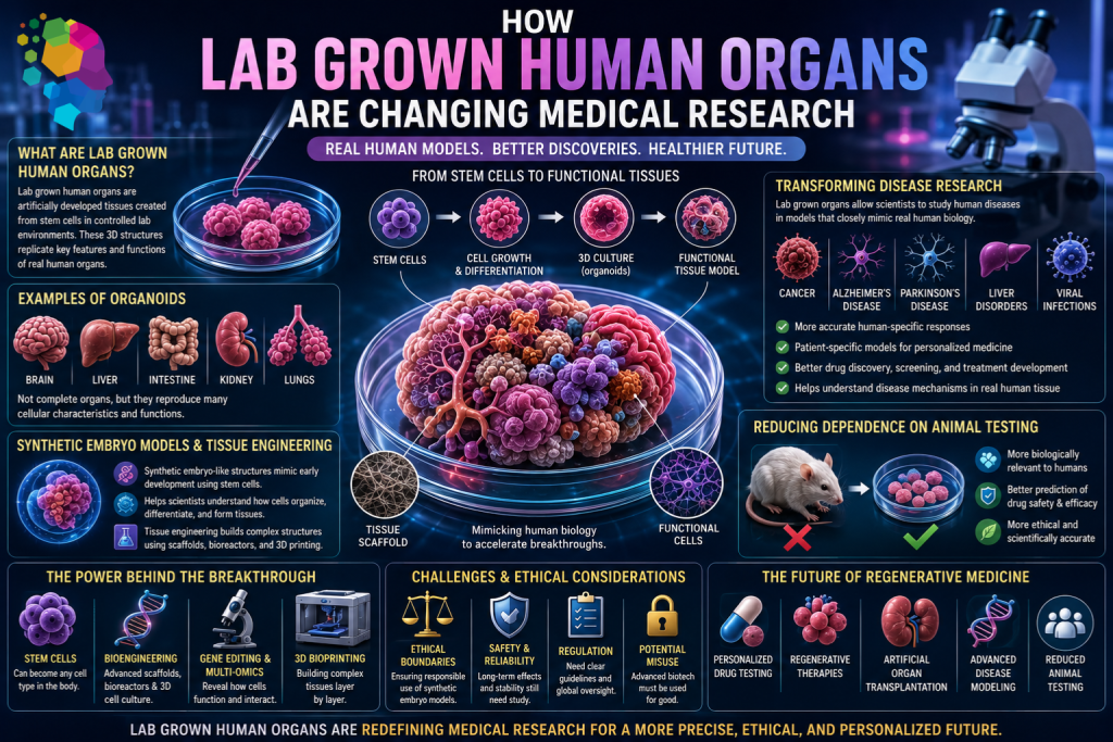 Lab grown human organs are transforming medical research through organoids, stem cells, and tissue engineering, reducing reliance on animal testing.