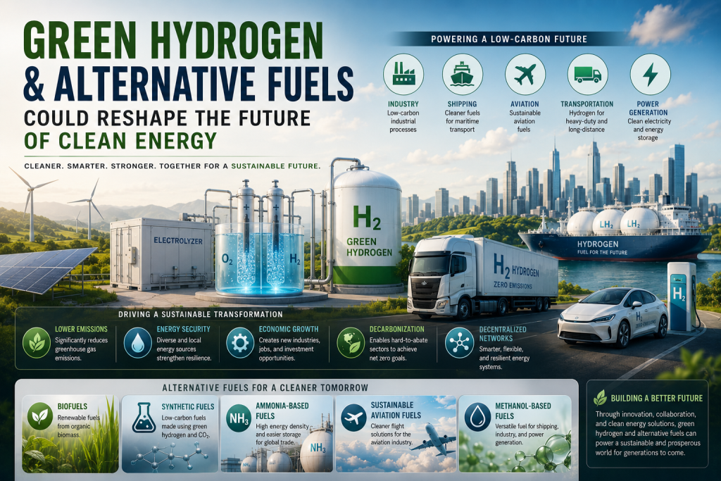Green hydrogen and alternative fuels could transform clean energy by reducing carbon emissions, supporting net zero goals, and replacing fossil fuel based industrial systems.