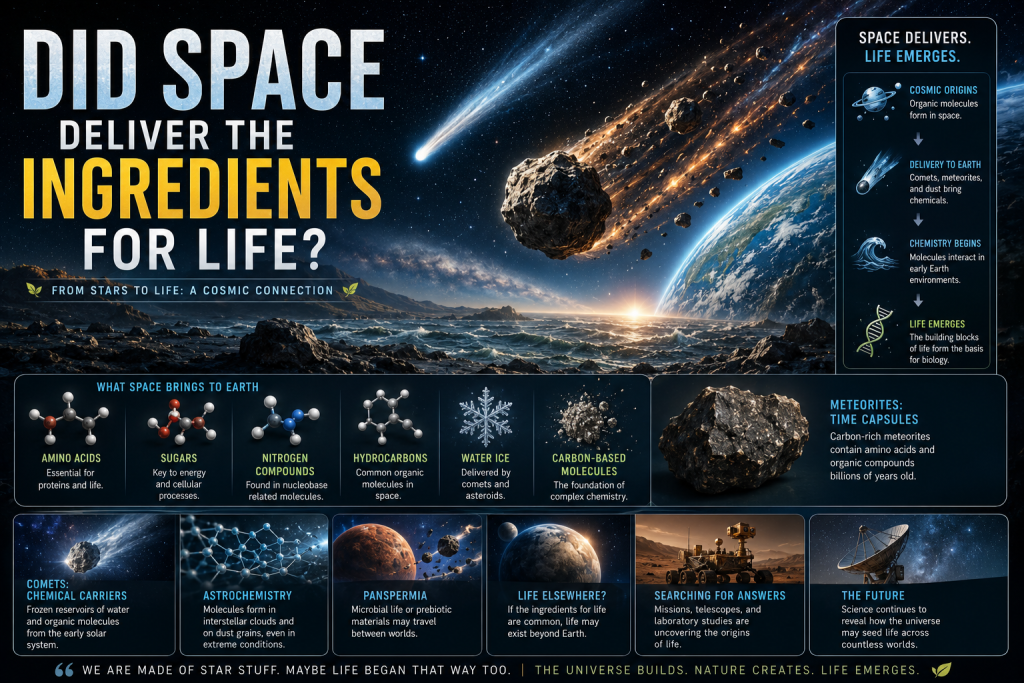 meteorites and comets delivering organic molecules to early Earth representing the cosmic origin of life
