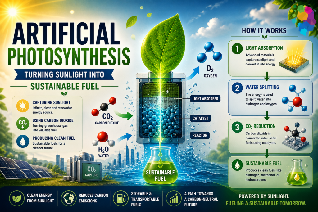 artificial photosynthesis system converting sunlight water and carbon dioxide into clean fuel
