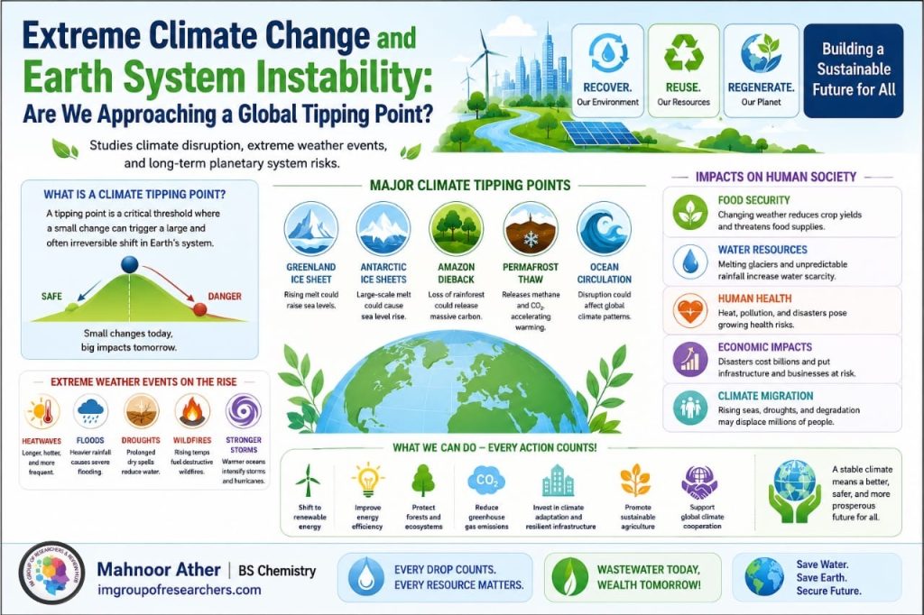Illustration showing extreme climate change and Earth system instability, including melting ice sheets, wildfires, floods, droughts, and global climate tipping points.