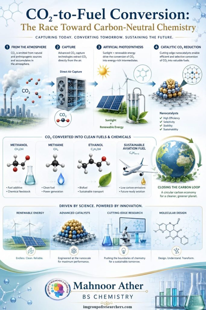CO₂-to-fuel conversion technologies using artificial photosynthesis and catalytic CO₂ reduction for sustainable fuel production.