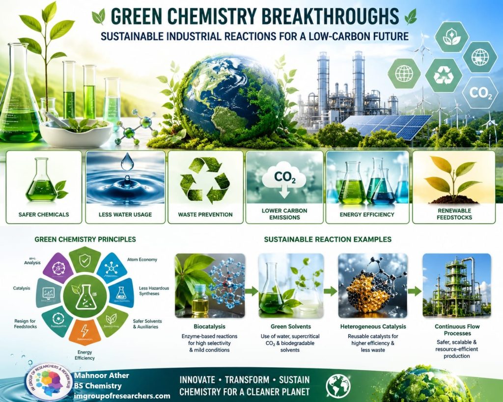 Green chemistry breakthroughs enabling sustainable industrial reactions and low-carbon manufacturing.