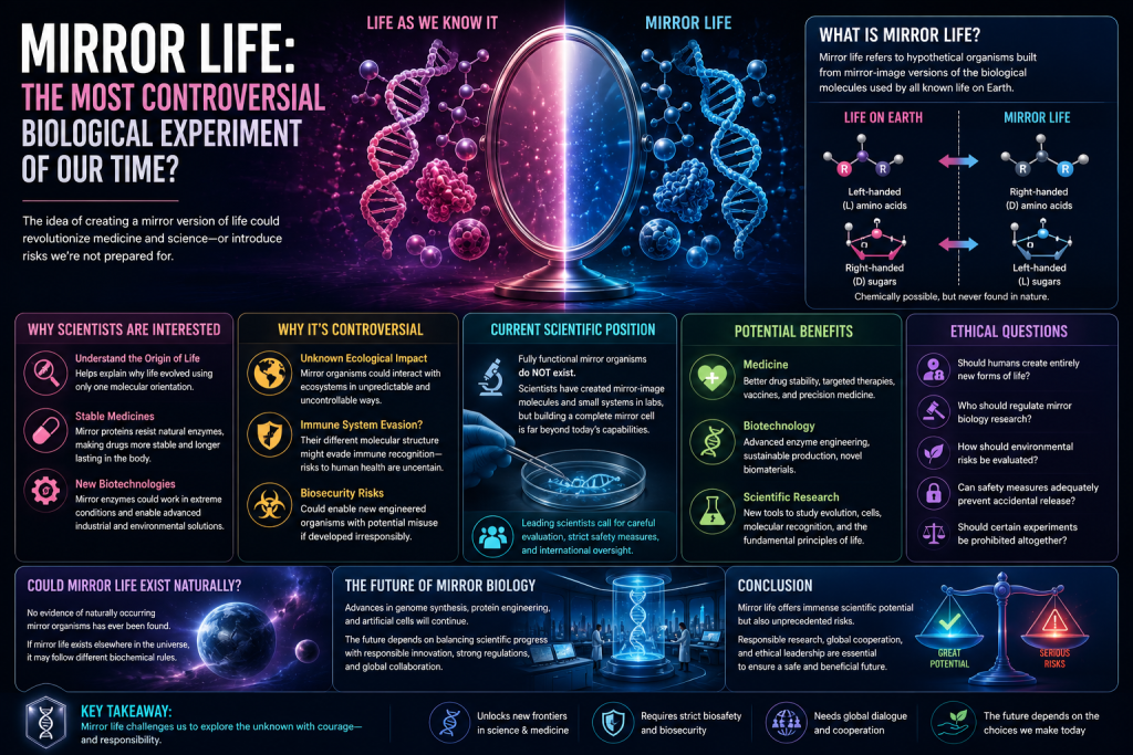 Explore mirror life, the controversial concept of creating mirror organisms, its potential scientific benefits, and the biosafety and biosecurity concerns.